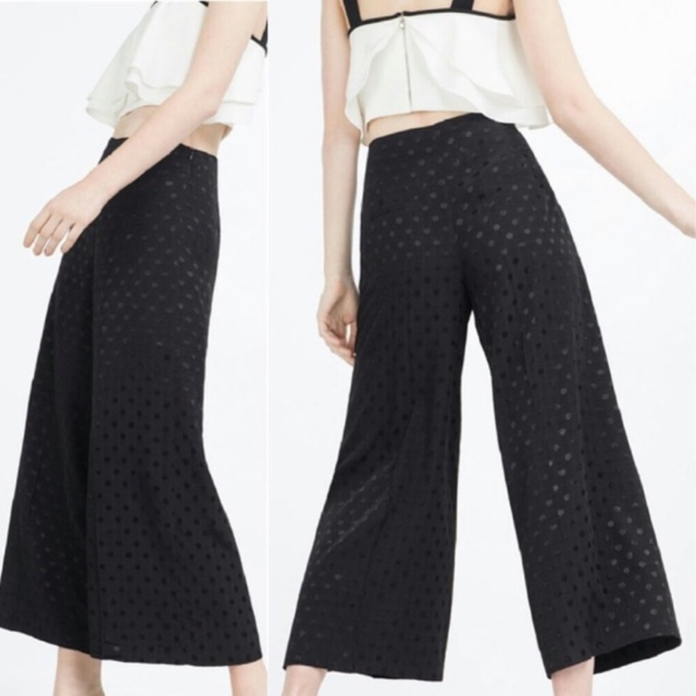 ZARA S Wide Leg High Rise Polka Dot Black 0373